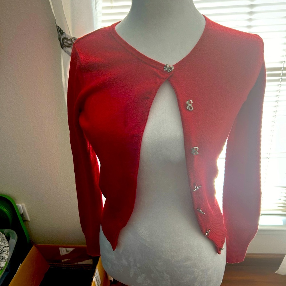 Beautiful red cardigan with cute bow buttons